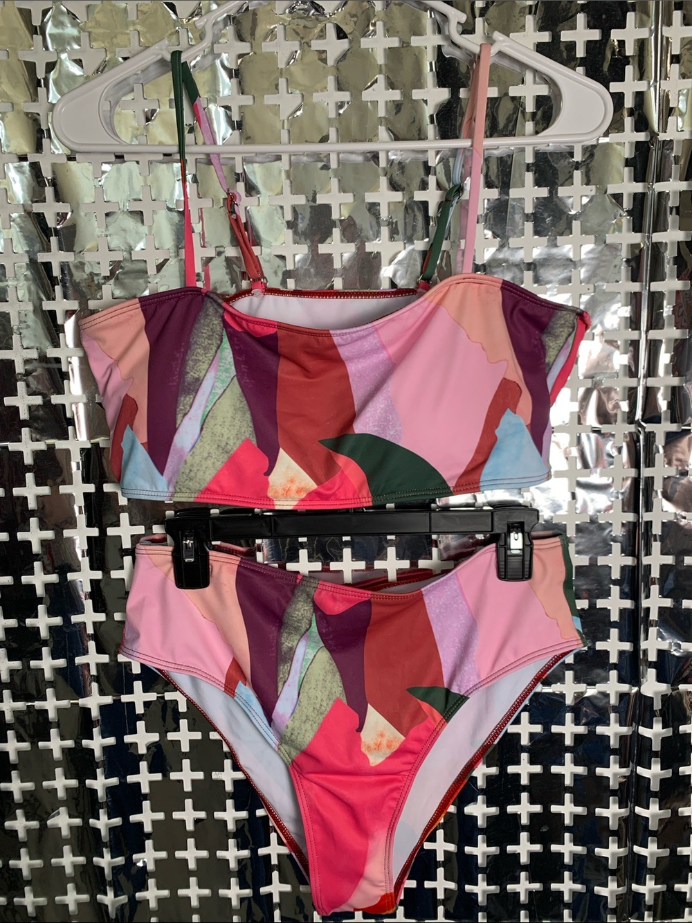 SHEIN Pink Green Multicolor Abstract Print Two-Piece Bikini